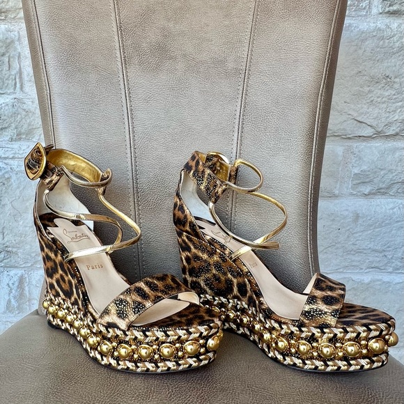 Christian Louboutin Chocazeppa 120 Leopard Gold Platform Strappy Wedges Euro 42